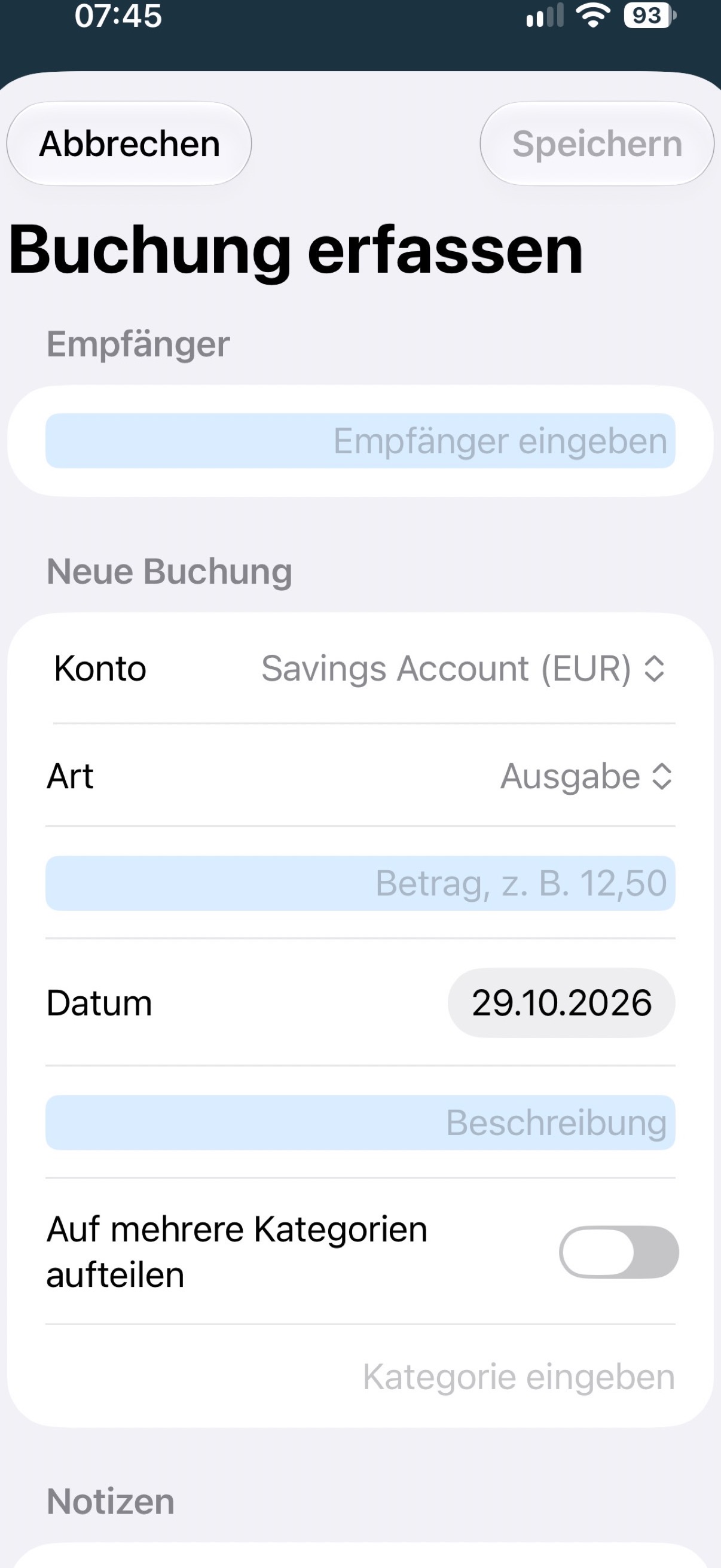 Formular zum Erfassen einer neuen Buchung auf dem iPhone